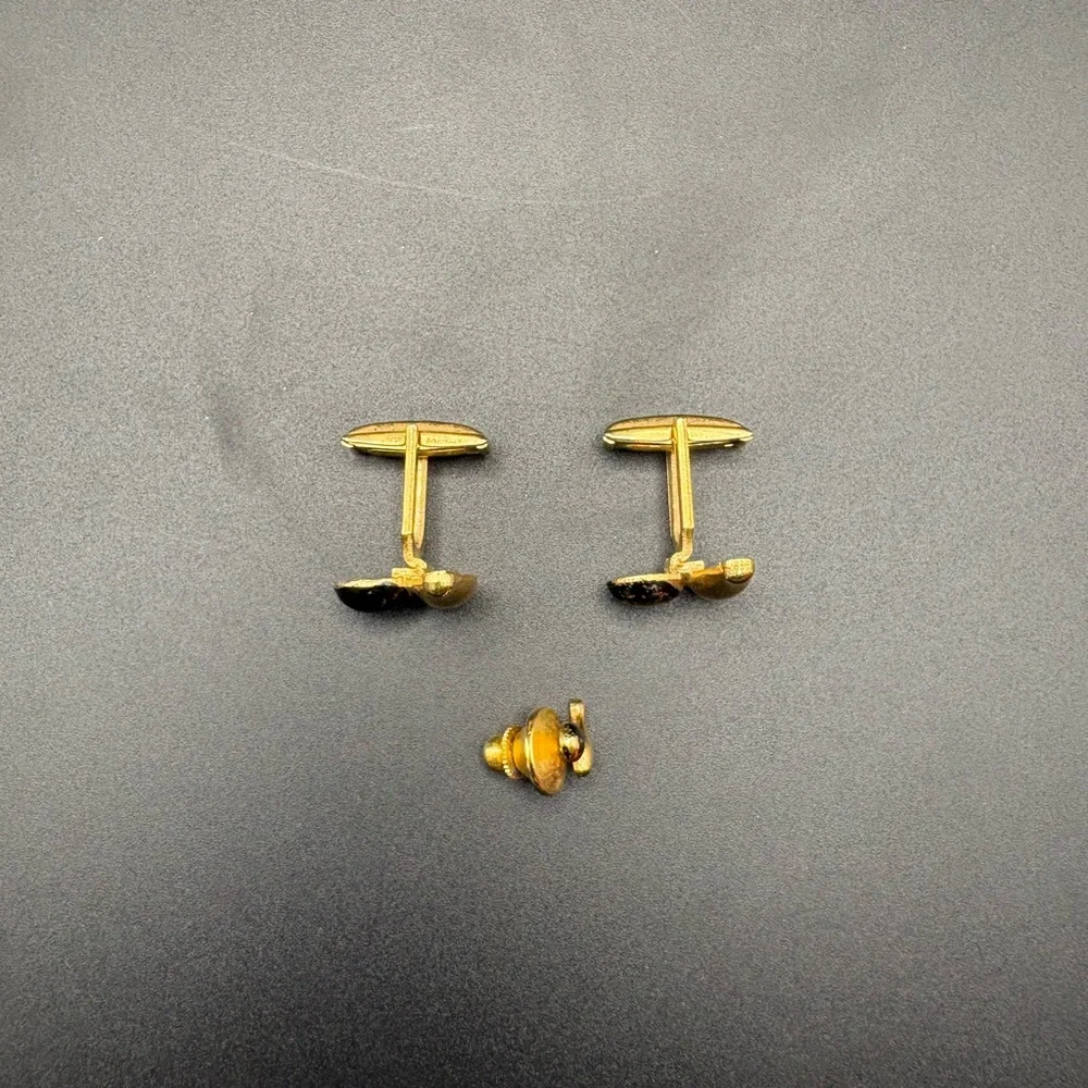 Vintage Anson Bowling Pin Ball Cufflinks Tie Tack Set Gold Tone Novelty Gift